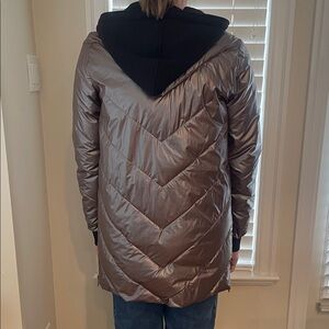 Ikks Metallic Taupe Chevron Quilted Puffer with Black Hood